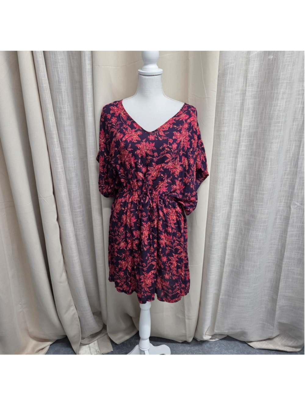 Lands End Floral V-Neck Swim Cover Up Dress Drawstring Waist Kaftan Navy XS/S
